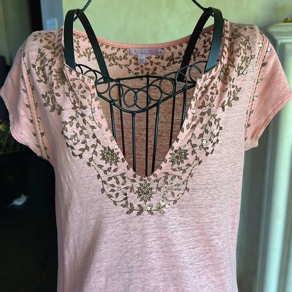 Calypso St. Barth Emeline Sequin Linen Coral Midi Dress Size Small - Picture 2 of 5